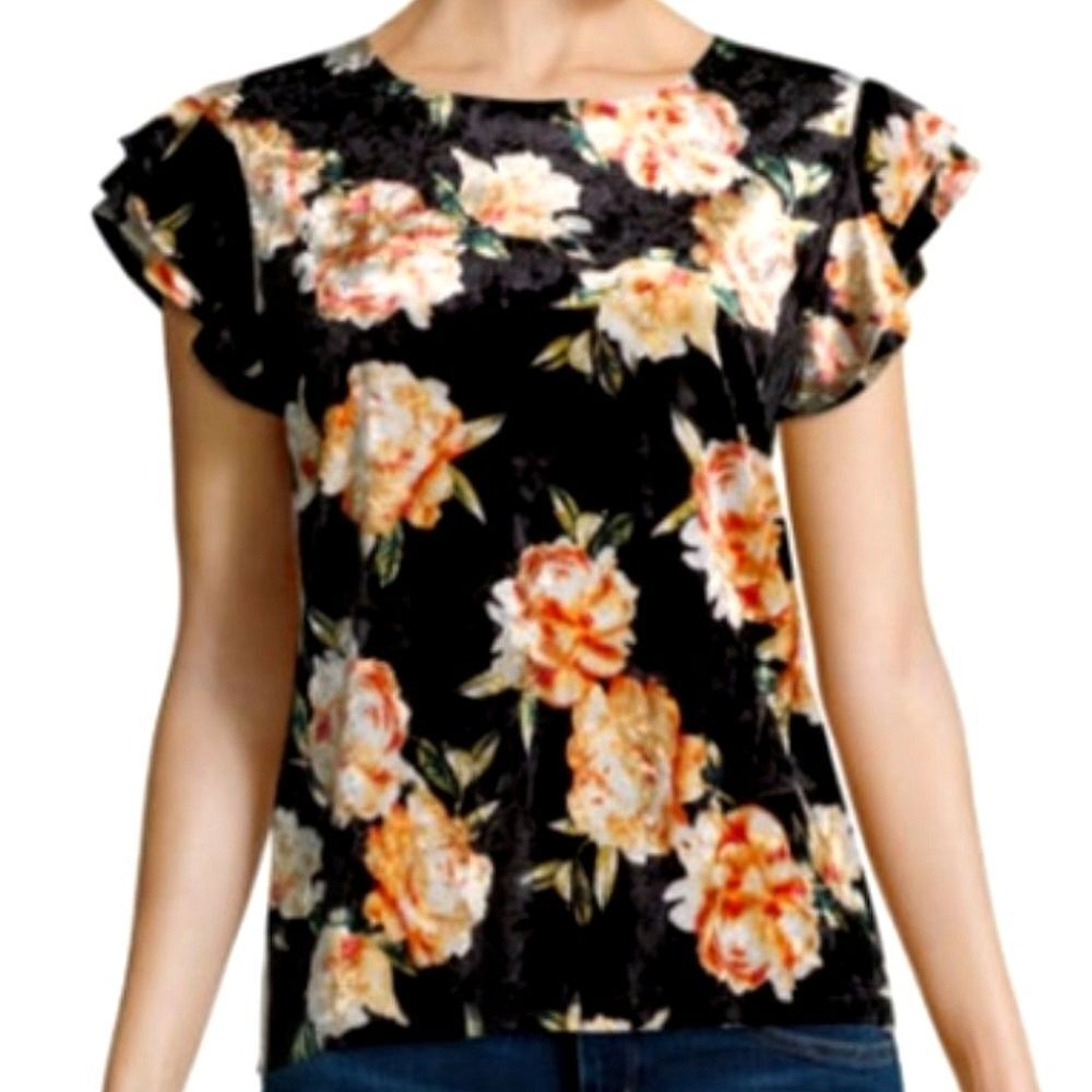 a.n.a. Floral Velvet Fluttered Sleeve Top Size M